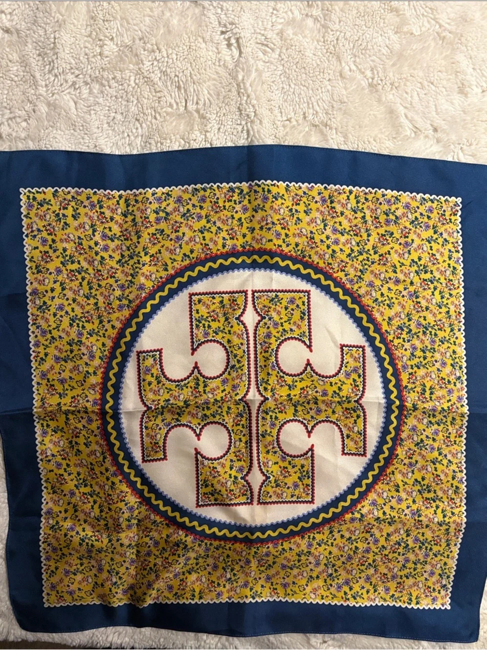 Tory Burch Yellow Floral Logo Silk Scarf with Blue Border